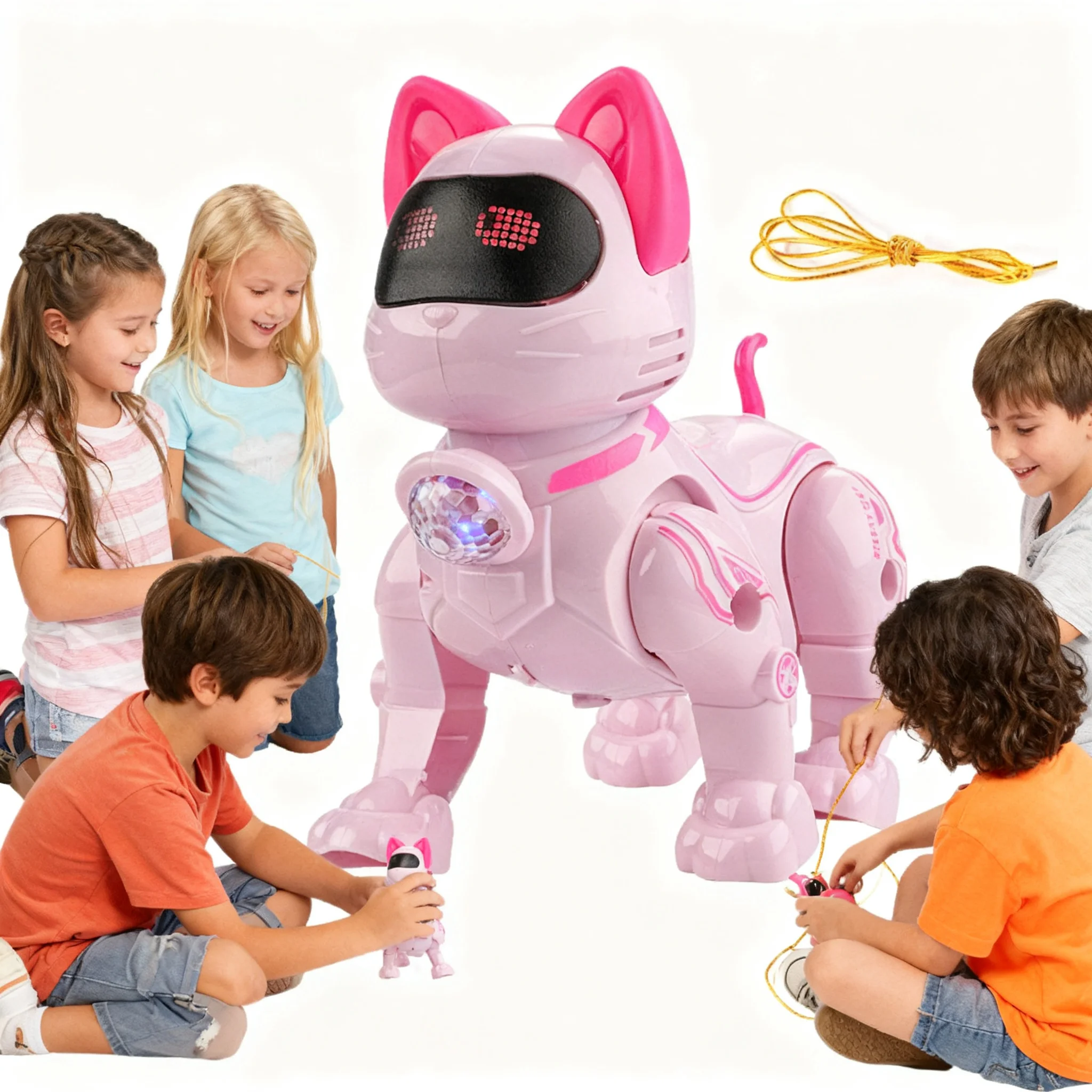 2026 Electric Robot Cat Toy Walking Singing Interactive Pet Toy with Leash Pink Machine Toy Birthday Gift for Kids Boys Girls