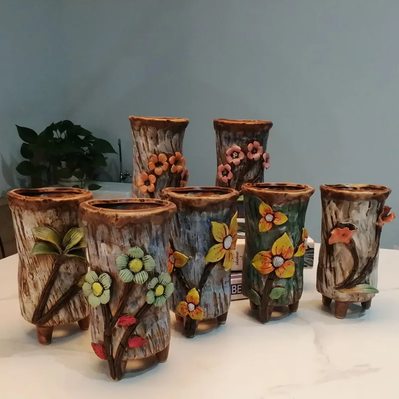 Ceramic Vases Handmade with Flowers Succulent Flower Pots Yanxi Thick Ceramic Belt High Foot, Breathable Cliff Small Old Piles