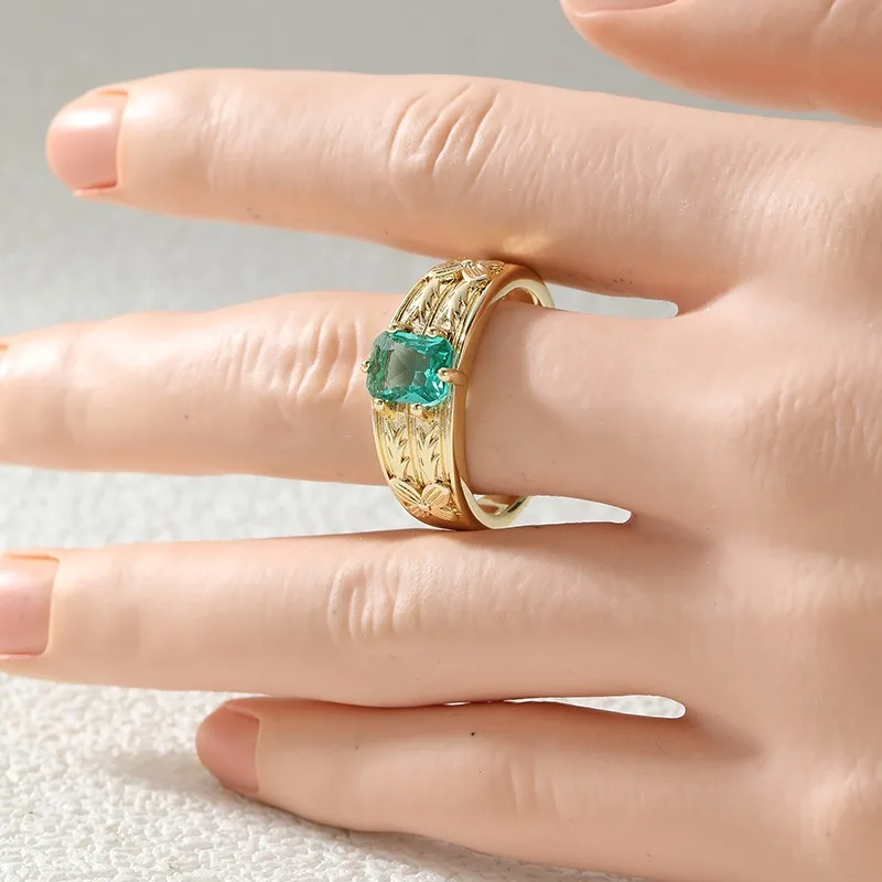 Vintage Inlaid Green CZ Branch Women's Ring Trendy Golden Color Hand Carving Daily Wear Party Jewelry Anniversary Gift