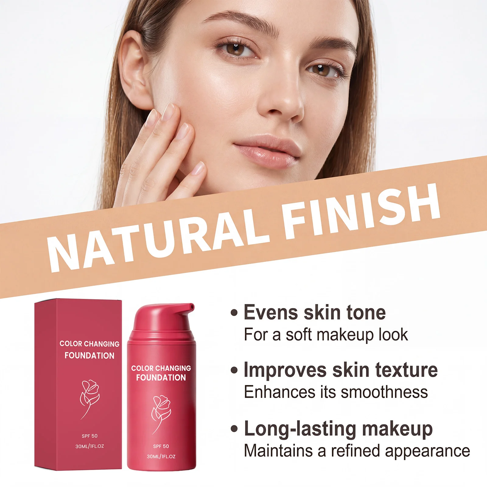 Automatic Adjustable Color Foundation SPF50 Medium to Full Coverage Liquid Base Makeup Pore Refining &Deep Moisture Cream 30ml