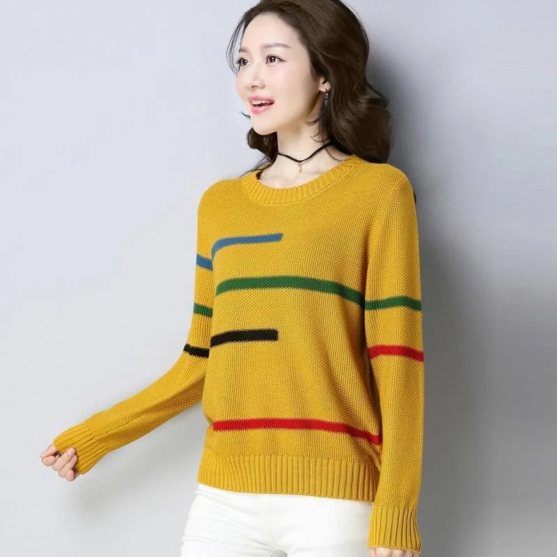 Spring Women Loose Stripe Sweaters Elegant O-neck Casual Knitted Jumper Long Sleeve Korean Vintage Pullover New Knitting Tops