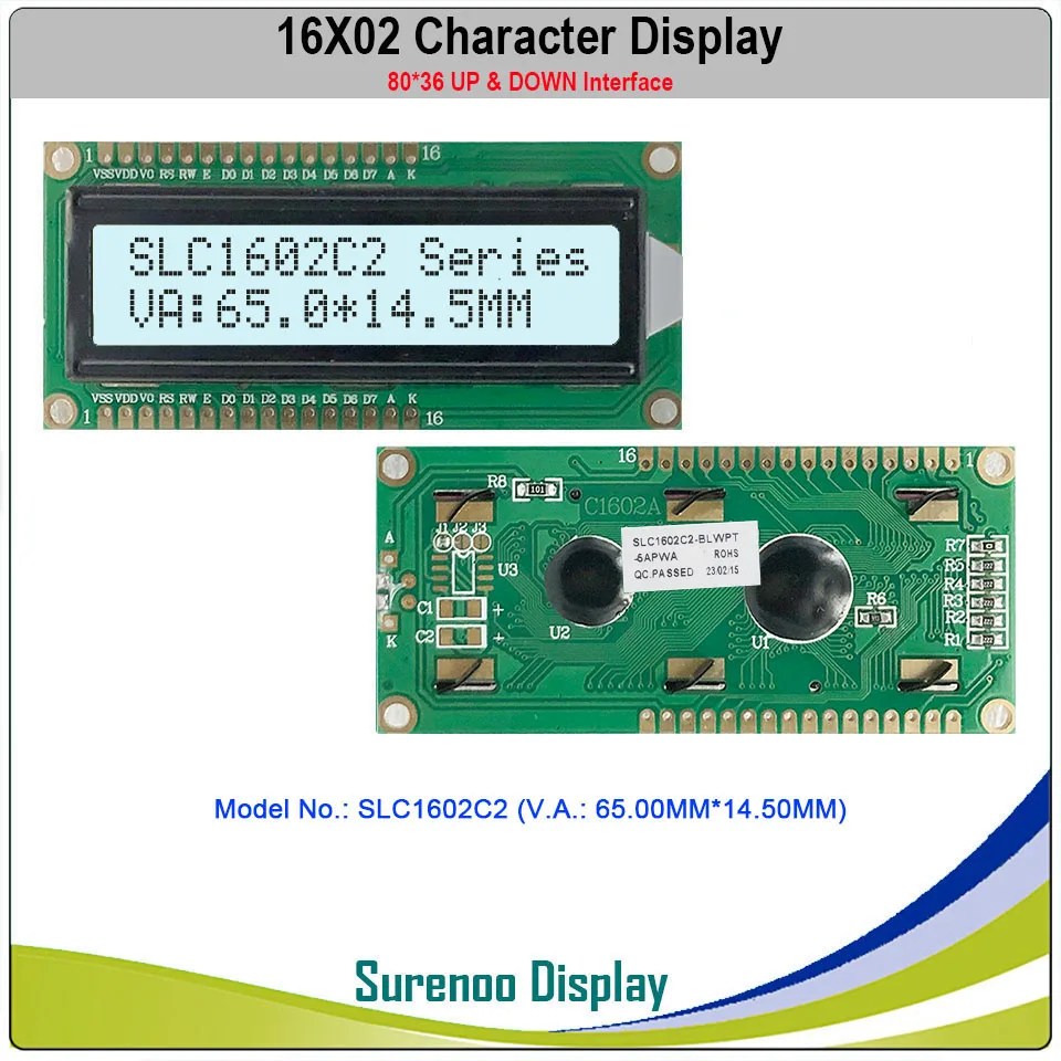 Surenoo  Up & Down Interface 1602 162 16X2 Character LCD Module Display Screen LCM White Blue Yellow Green LED Backlight
