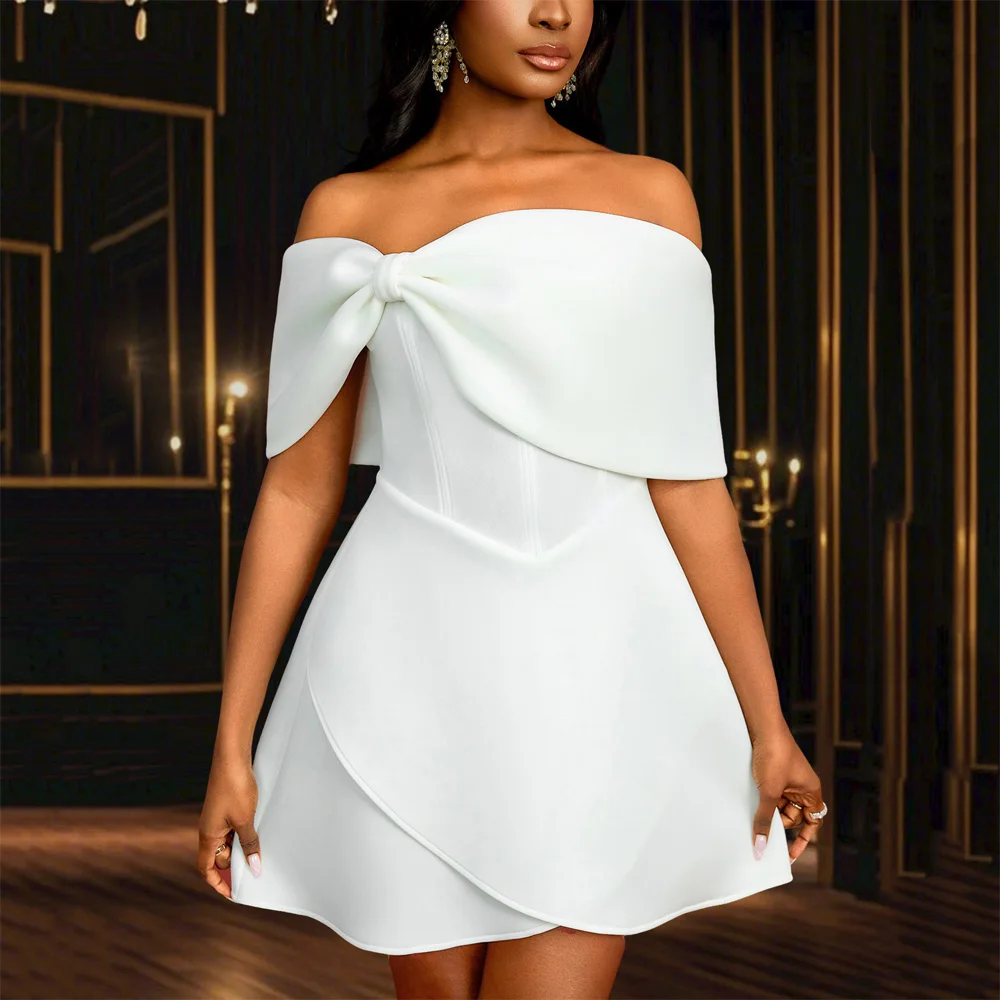 

Elegant Dresses for Woman White 2025 New Off the Shoulder Big Bow Decorate A Line Mini Length Sexy Birthday Party Dinner Vestido