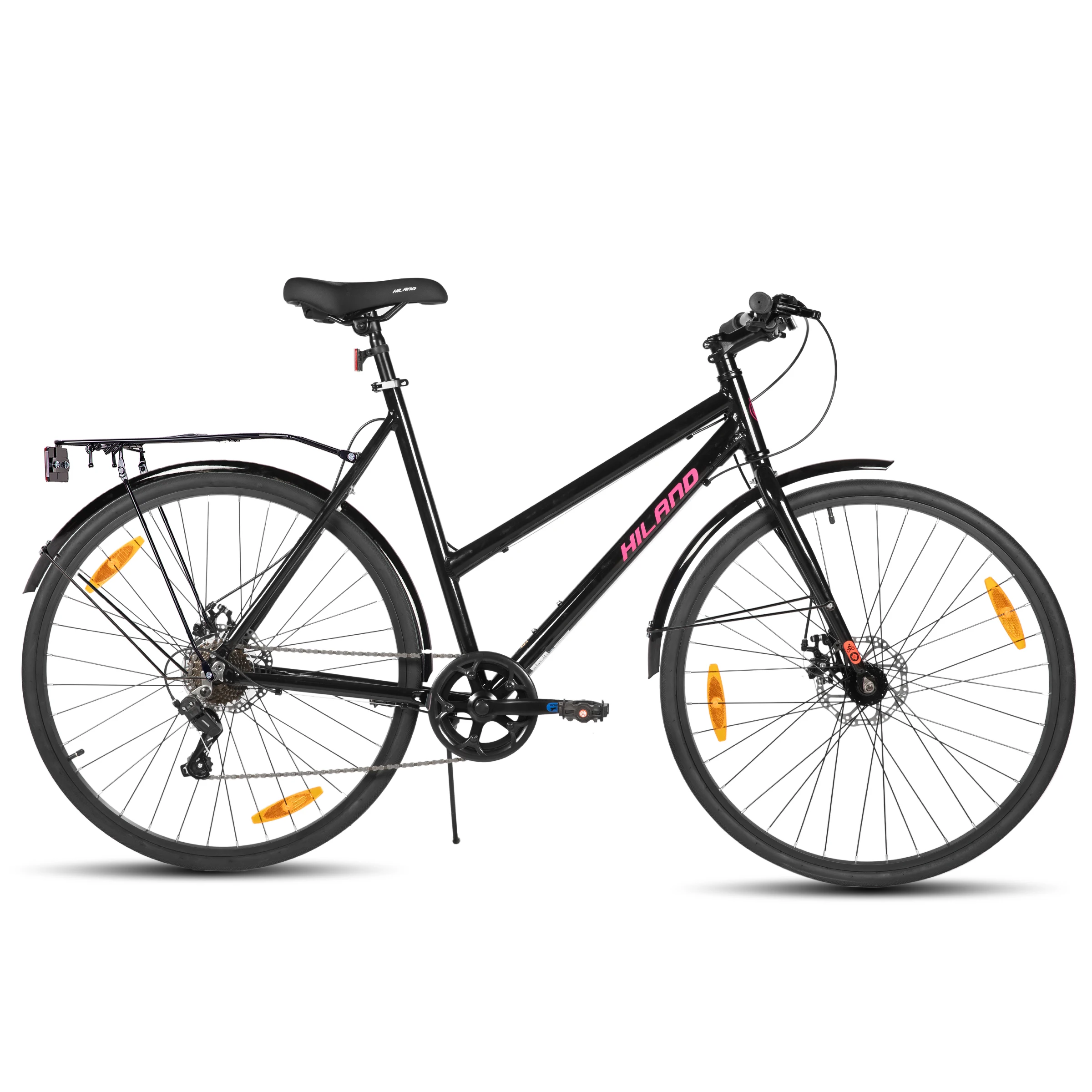 HILAND Cityrad 700C Herren Damen Student Aluminium Alloy Commuter Stadtfahrrad, 7-Gang, met Schutzblechen, Luggageträger