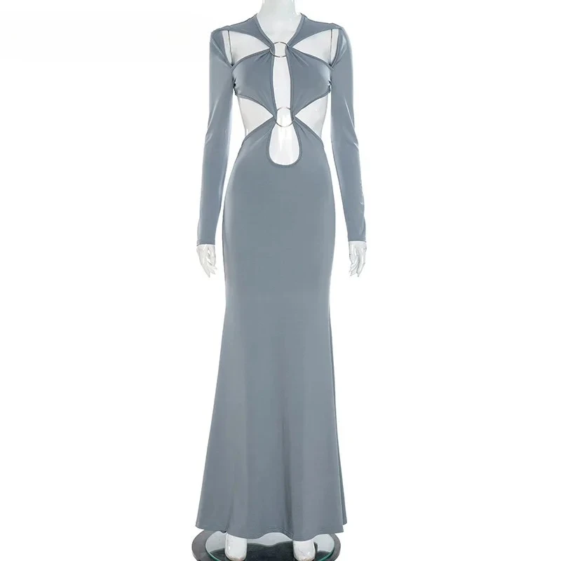BWQ Women Cutout Roll Splicing Long Sleeve Bodycon Midi Maxi Long Dress 2025 Fall Vacation Party Birthday Dresses Vestidos