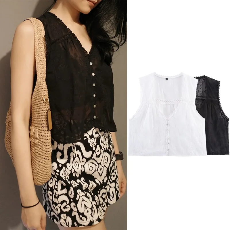 

TRAFZR Shirts Female Tops Woman 2025 Women's Embroidery Crop Shirt Elegant Blouse Short Sleeve Summer Fitted Top Vintage Black