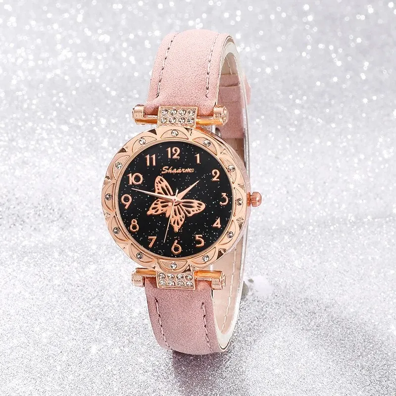 Pink Pearl Butterfly Watches for Women Fashion Rhinestone Casual Bracelet Watch Simple Female Clock Ladies Quartz Wristwatches