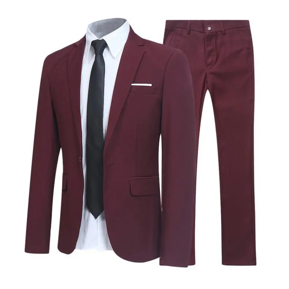 Men\'s Casual Boutique Business SuitSolid Color Turndown Collar Slim Fit Wedding Groom Suit Coat Blazers Trousers Suit Men\'s Sets