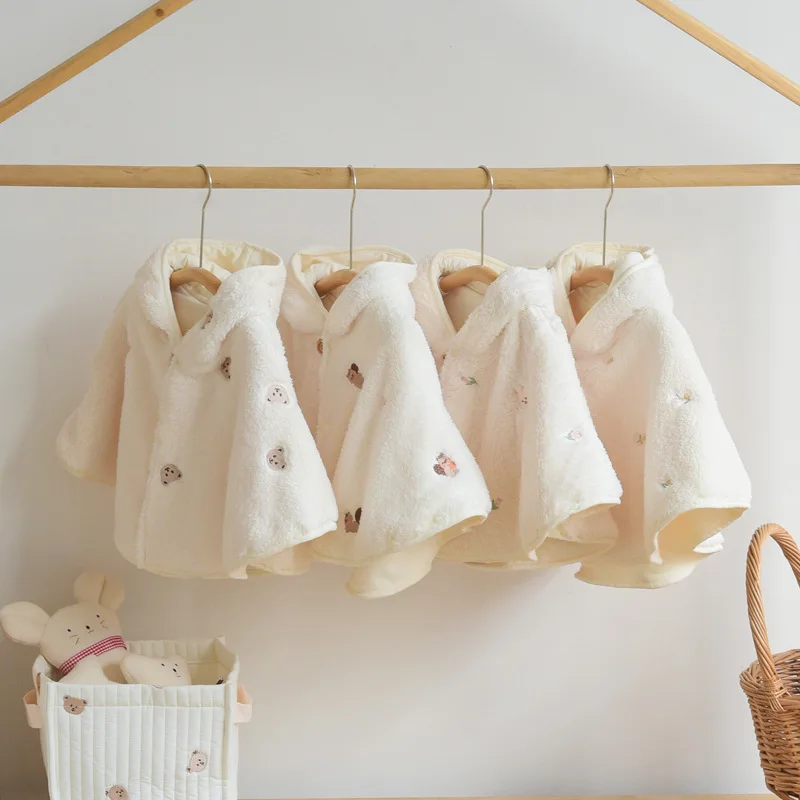1-3Years Clothes Beige Embroidery Olive Plush Baby Coats For Girl Christmas Little Princess Cloak Warm Hooded Baby Girls Jackets