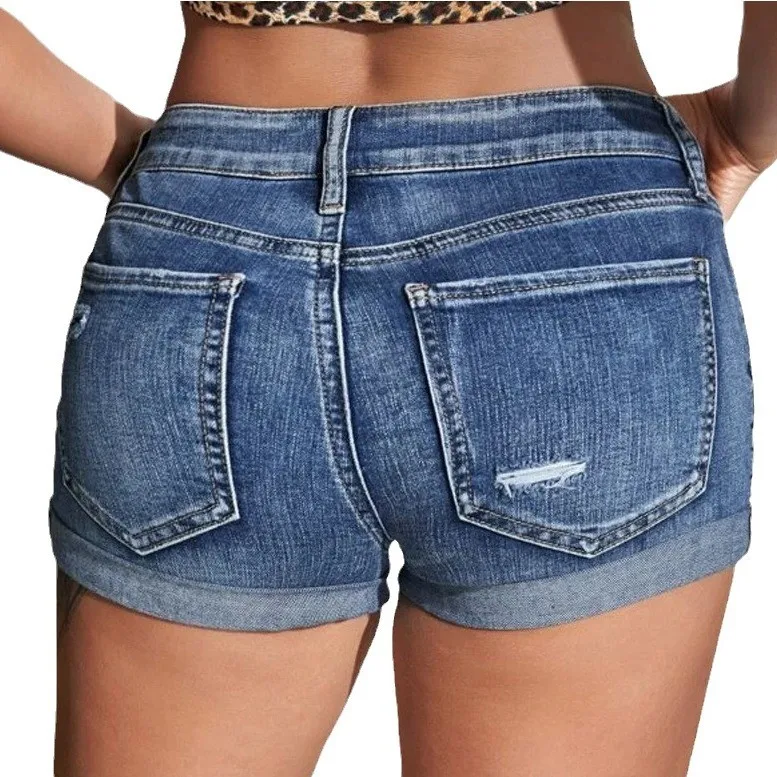 High Waist Washed Denim Shorts Distressed Skinny Ripped Cuffed Blue Jeans Short Pants Button Fly Casual Short Jeans view 2