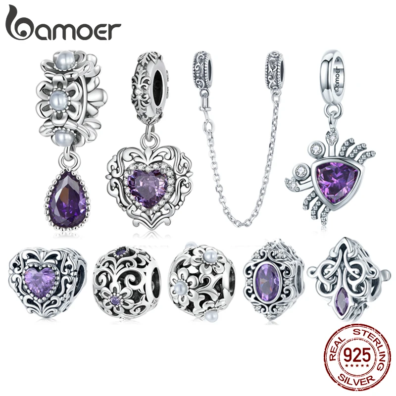 BAMOER 925 Sterling Silver Purple Shining Stone Collection Charms Love Drop Pendant fit for Charm Bracelet Vintage Pattern Beads