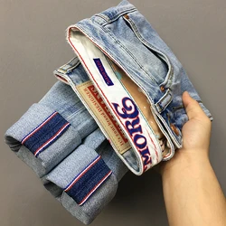 Summer Thin 11oz Red Selvedge Denim Jeans for Men 94% Cotton Micro Stretch Slim Fit Straight Light Pants 24ss Y2k Youth Male 5KM