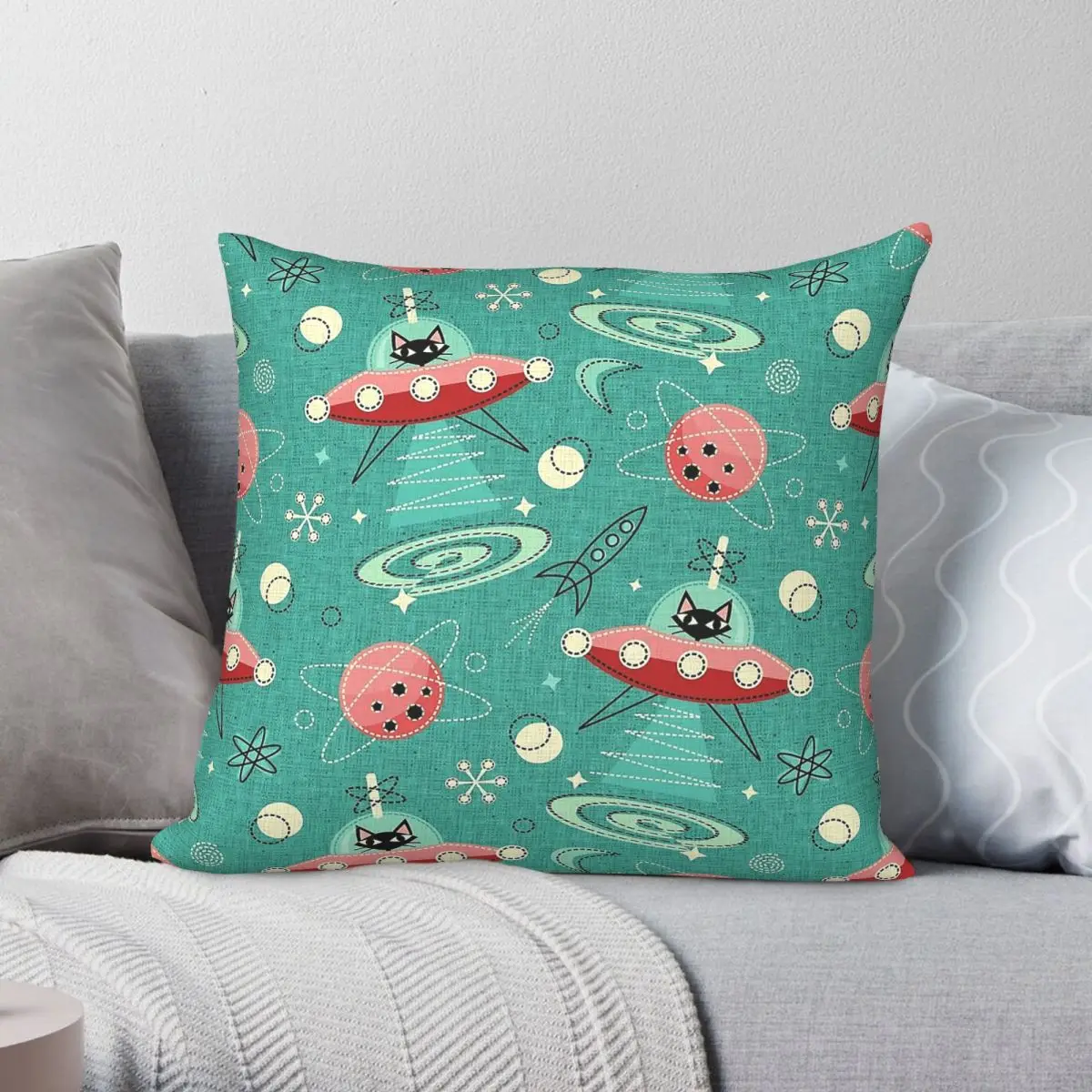 My Kitty Drives Ufo Atomic Space Square Pillowcase Polyester Linen Velvet Printed Zip Decorative Bed Cushion Cover 45x45