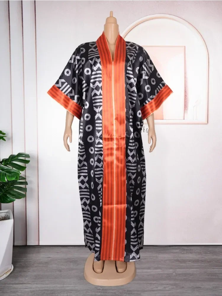 

2024 African Print Dresses for Women Summer Elegant Half Sleeve V-neck Polyester Long Maxi Dress Gowns Kaftan Africa Clothing