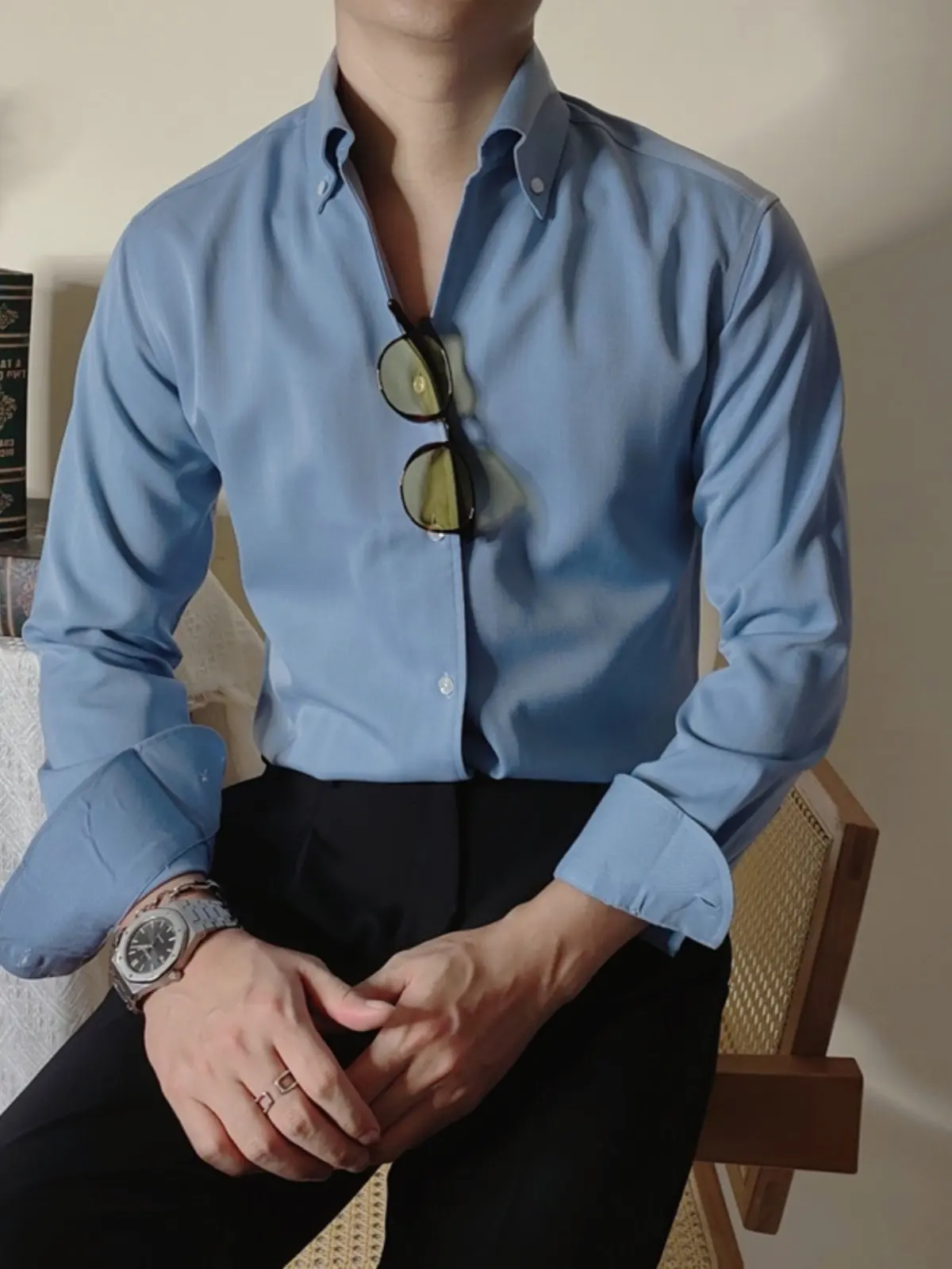 

Italian Neapolitan one-piece neck slim-fitting black shirt V-neck slightly wide non-ironing casual long-sleeved shirt