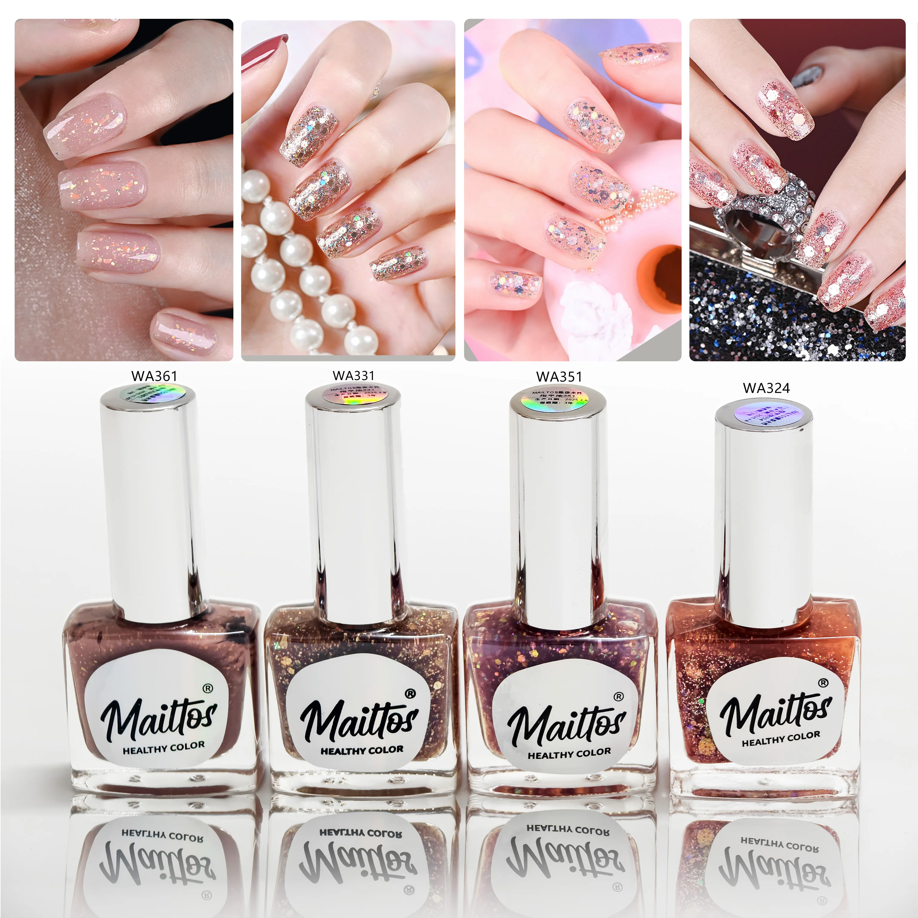 

12mlx4 [324/331/351/361] Pink Nude Glitter Nail Polish Water-based Nail Polish, Oderless, dry quickly, No need lamp, easy tear