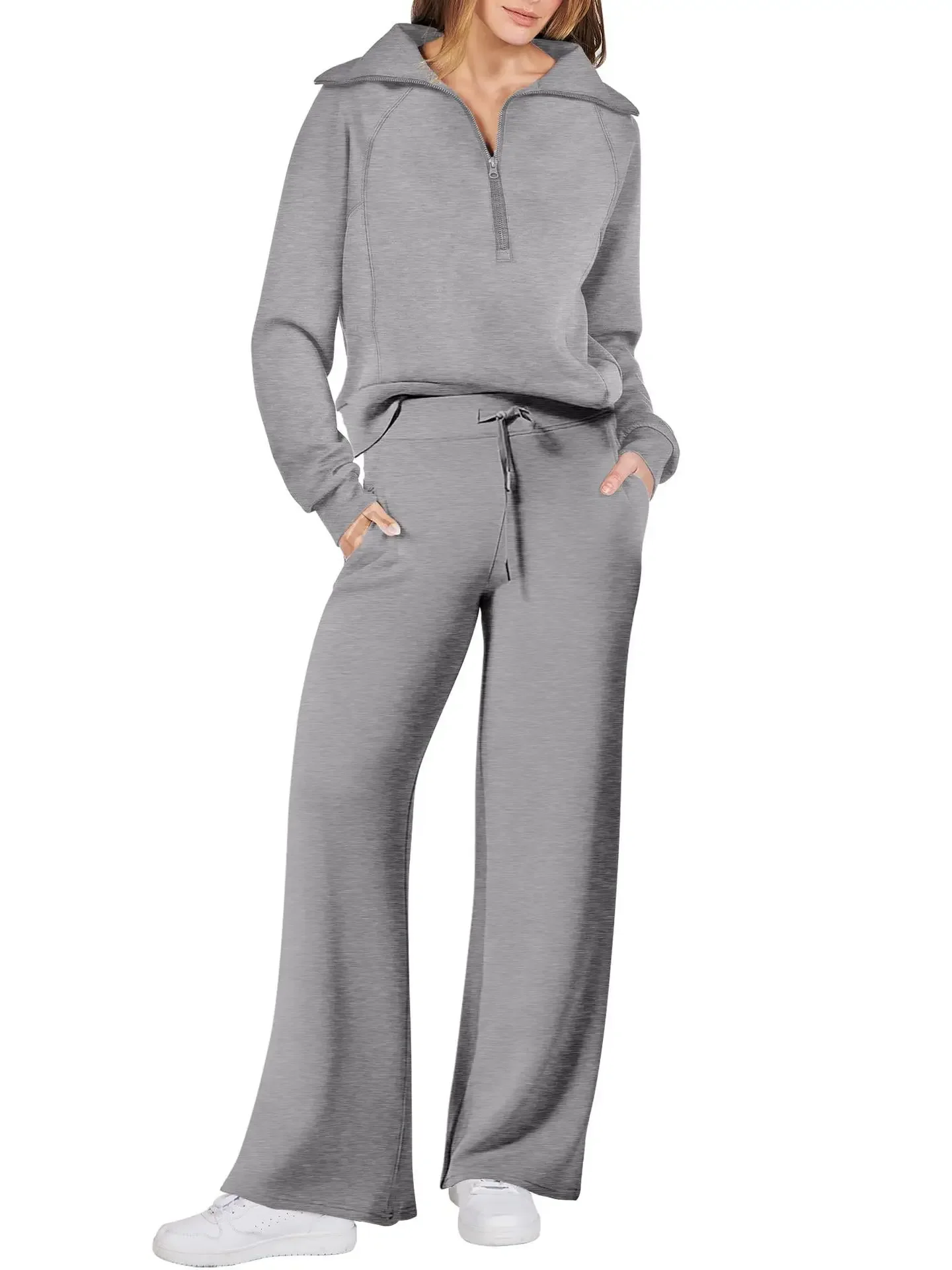 Pull à manches longues zippé imbibé pour femme, pantalon à jambes larges, sports de loisirs, automne et hiver, nouveau, 2 pièces