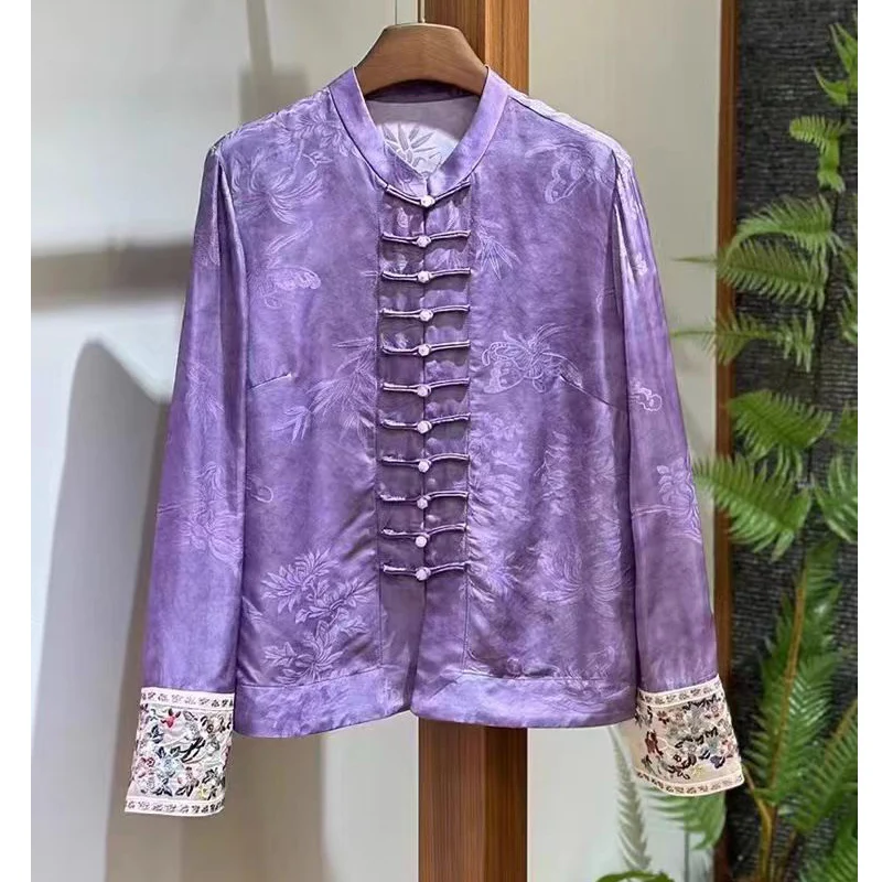 Autumn New Women Chinese style Embroidery+Jacquard Long Sleeve Exclusive Single Row Multi Button Design Premium Loose Top S-XL