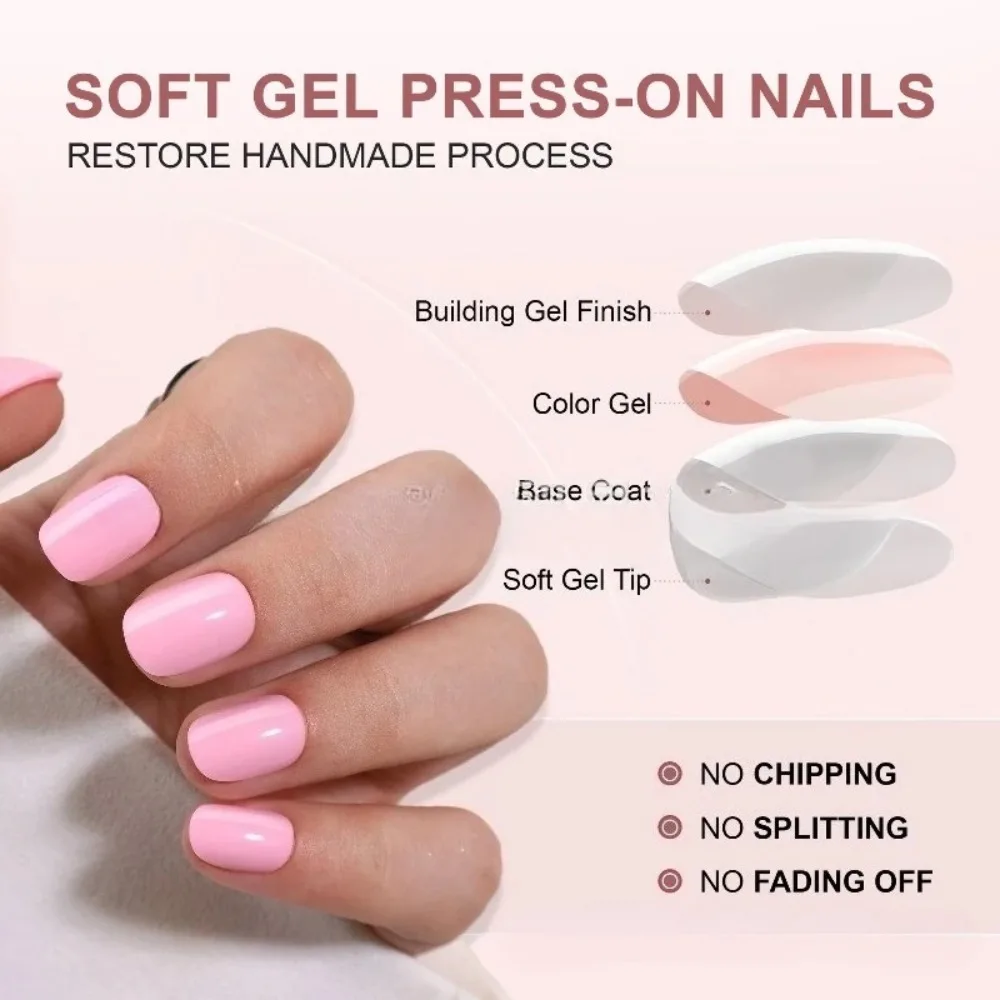 pure pink Short Squoval Press On Nails 24 Pcs Manicure Set with Glue Tabs Gift for Women Lasting Daily Work Nail Kit