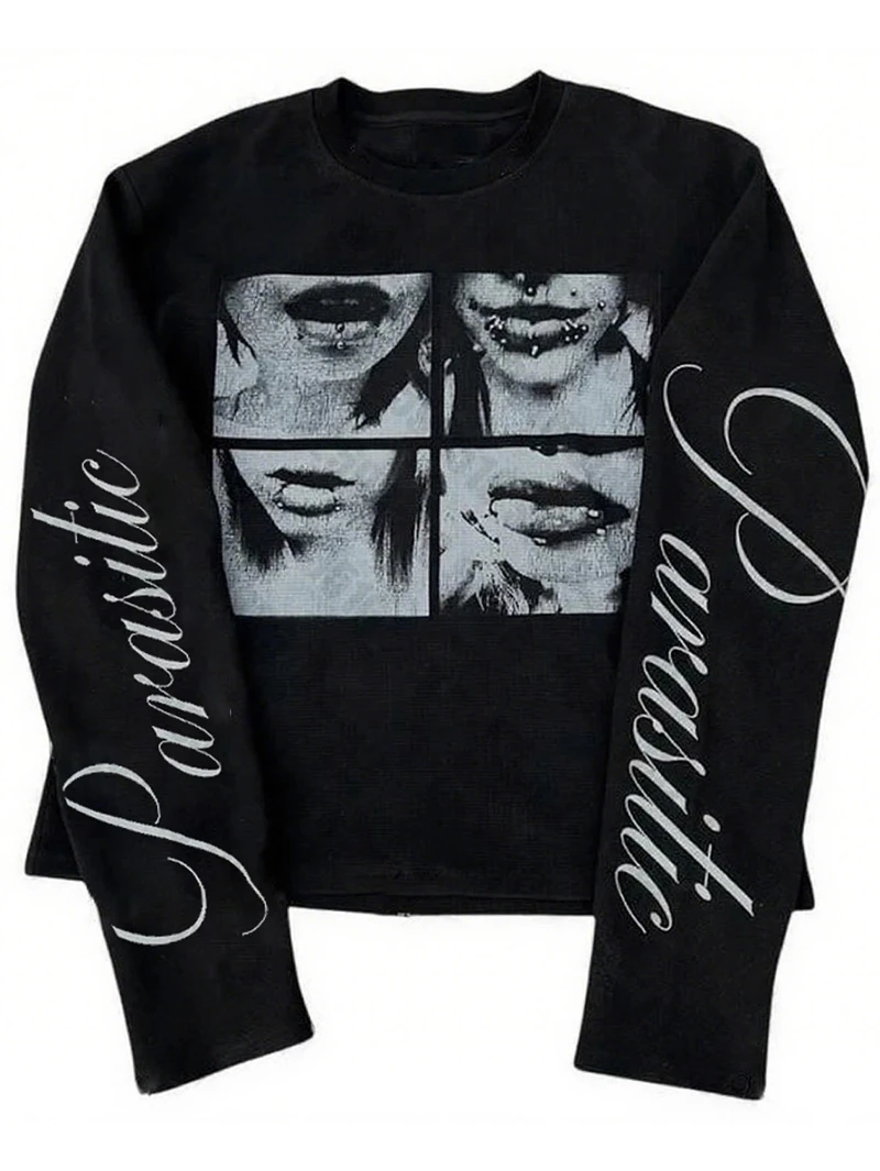 Y2K-style casual long-sleeve T-shirt with face print Pure cotton stylish streetwear shirt for couples