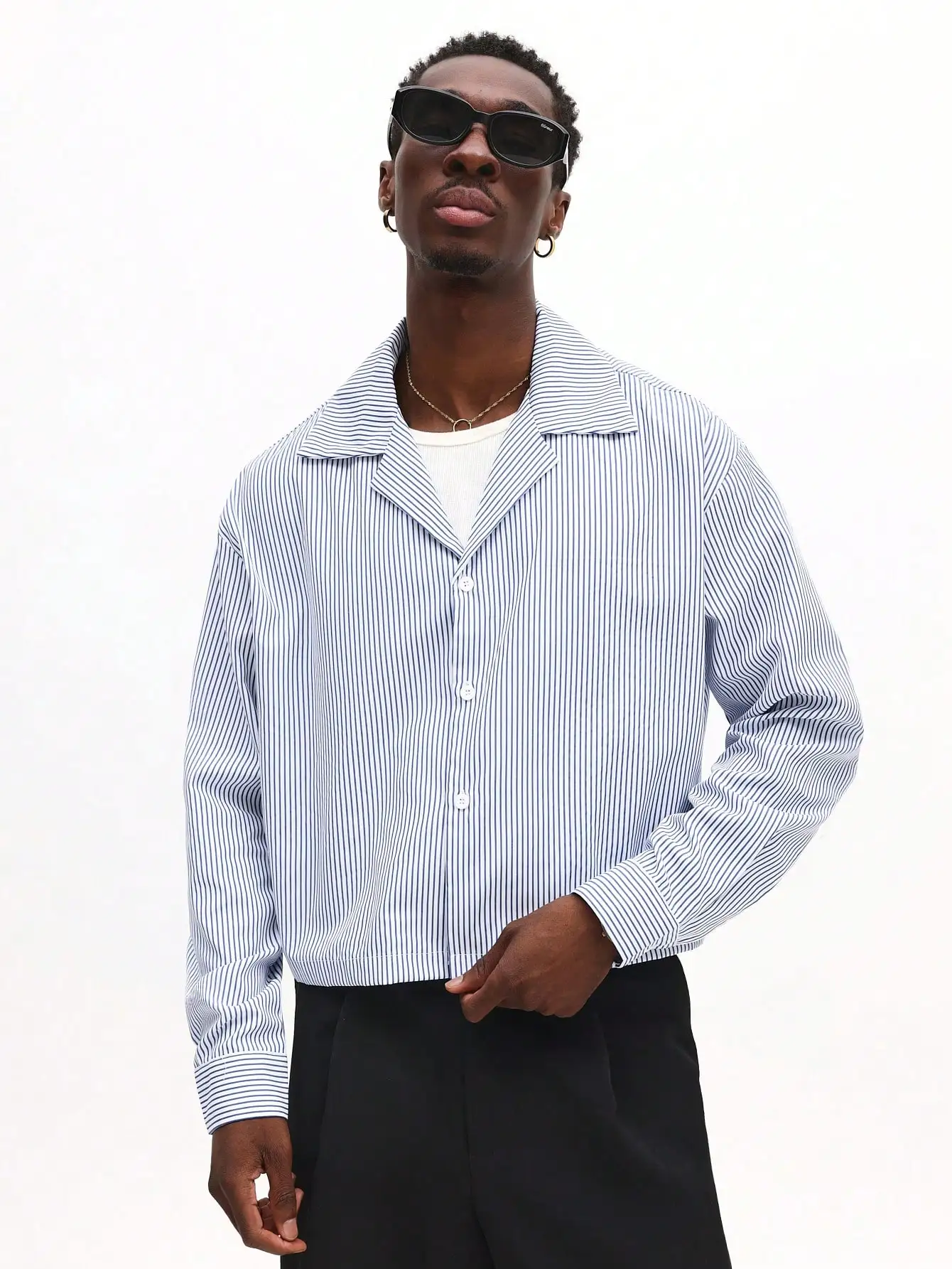 

Men's Blue White Pinstripe Button-Down Long Sleeve Shirt Casual Business Style