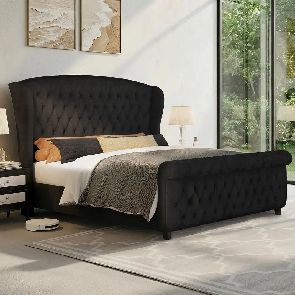 Luxury King Size Velvet Upholstered Sleigh Bed