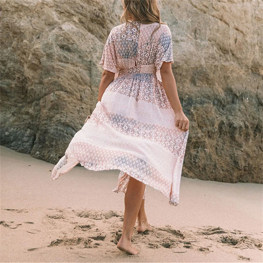 2022 Loose Boho Maxi Dress Ethnic Style Printed Swimsuit Cover-up Bohemian Dress Robe Plage Kaftan Long Dress Beach Wear Tunics