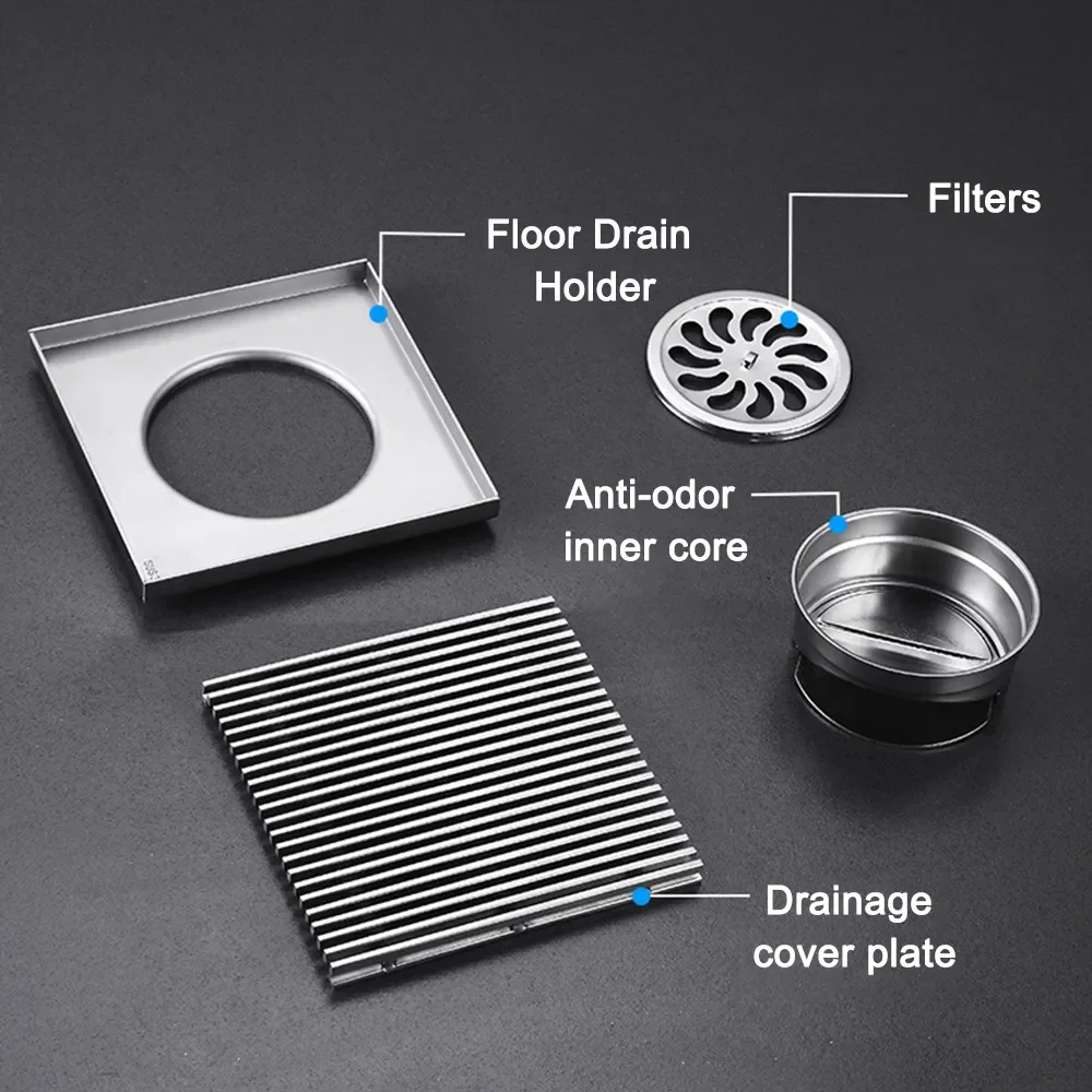 12/15/20/30cm Square Linear Bathroom Floor Drains Anti-Odor Shower Drainage Stainless Steel Floor Drain