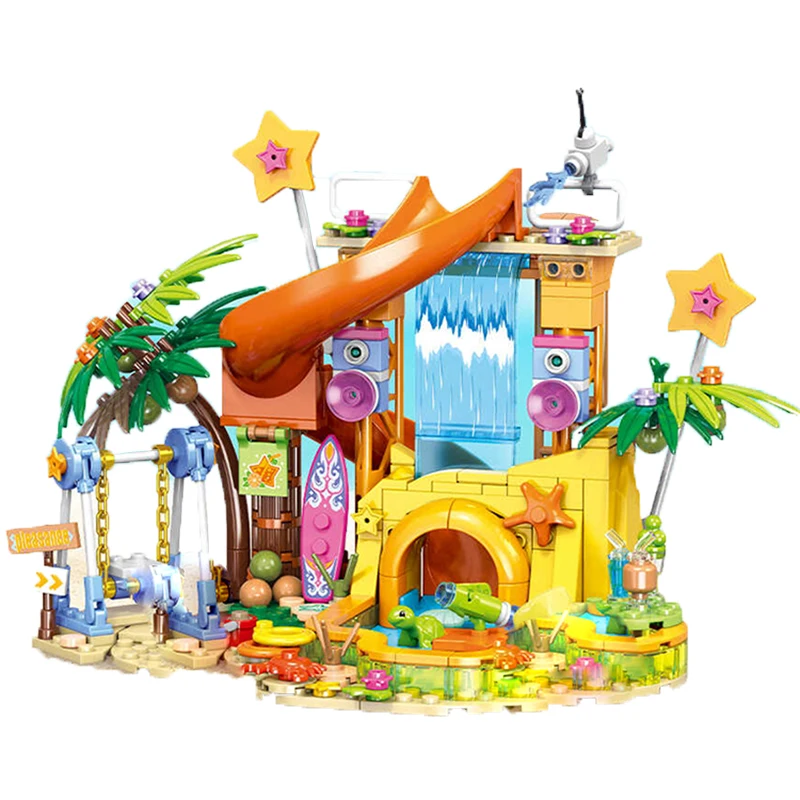 Amici Parco divertimenti estivo Campo da spiaggia Vacanza al mare Scivolo MOC Building Blocks Puzzle per bambini Giocattolo di assemblaggio per regali per bambini