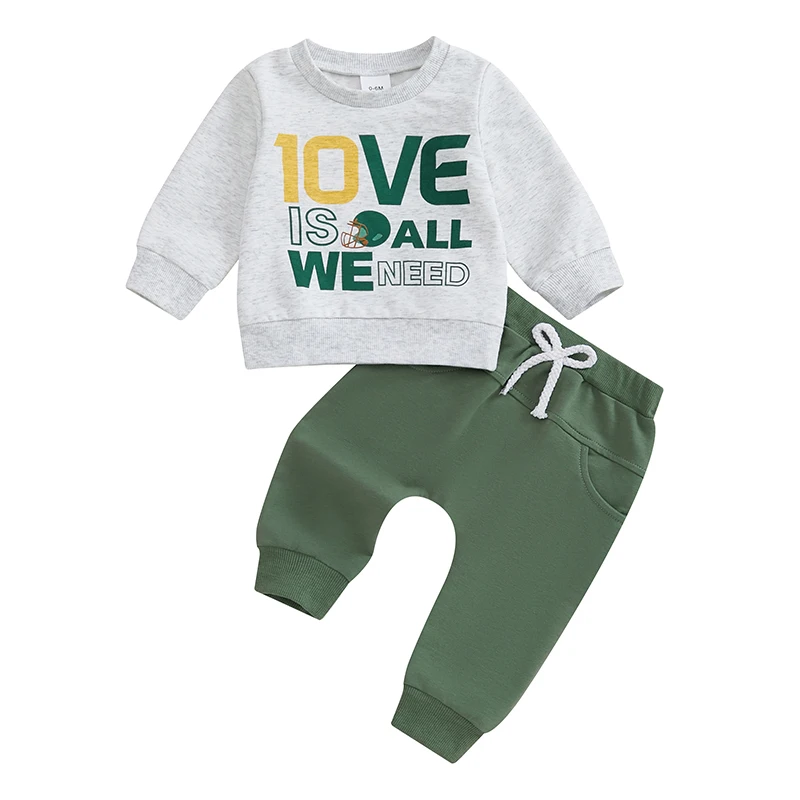 Toddler Boy Fall Outfits Letter Print Long Sleeve Sweatshirt with Solid Long Pants Rugby Clothes Set