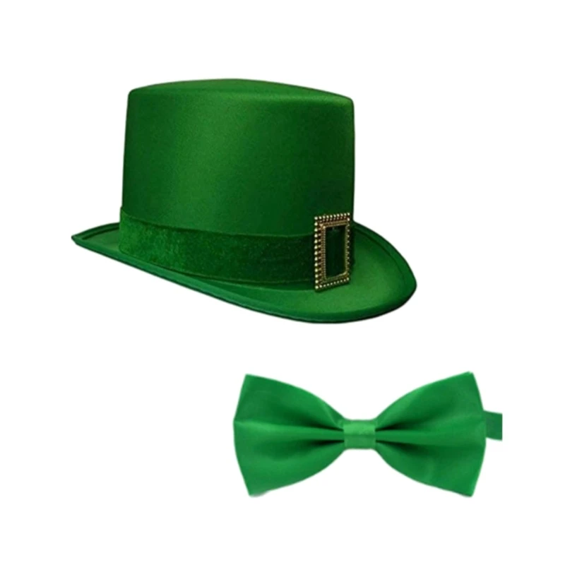 Unisex Green Felted Hat Tie Set Festive Stage Performance Magician Hat with Bowtie Women Men Carnival Party Decoration Hat