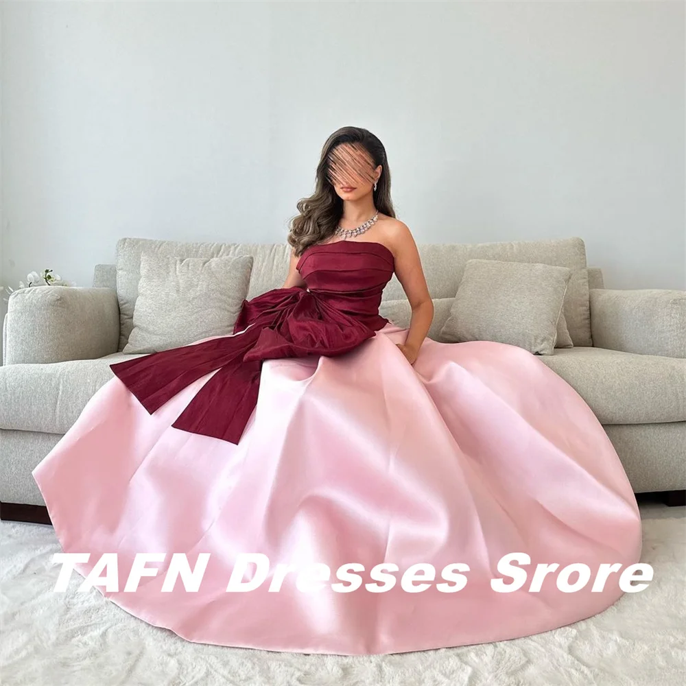 TAFN Princess A-line Formal Evening Dresses Contrast Color Satin Prom Gown Strapless Big Bow Floor-Length Party Dresses