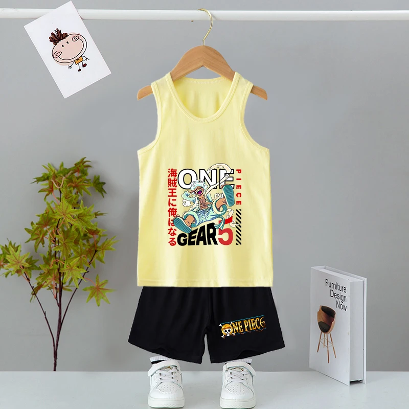 One Piece Kids Clothes Set Anime Luffy Chopper Zoro Tank Tops Shorts 2pcs Boy Girl Cotton Vest Summer Clothing Children Suit