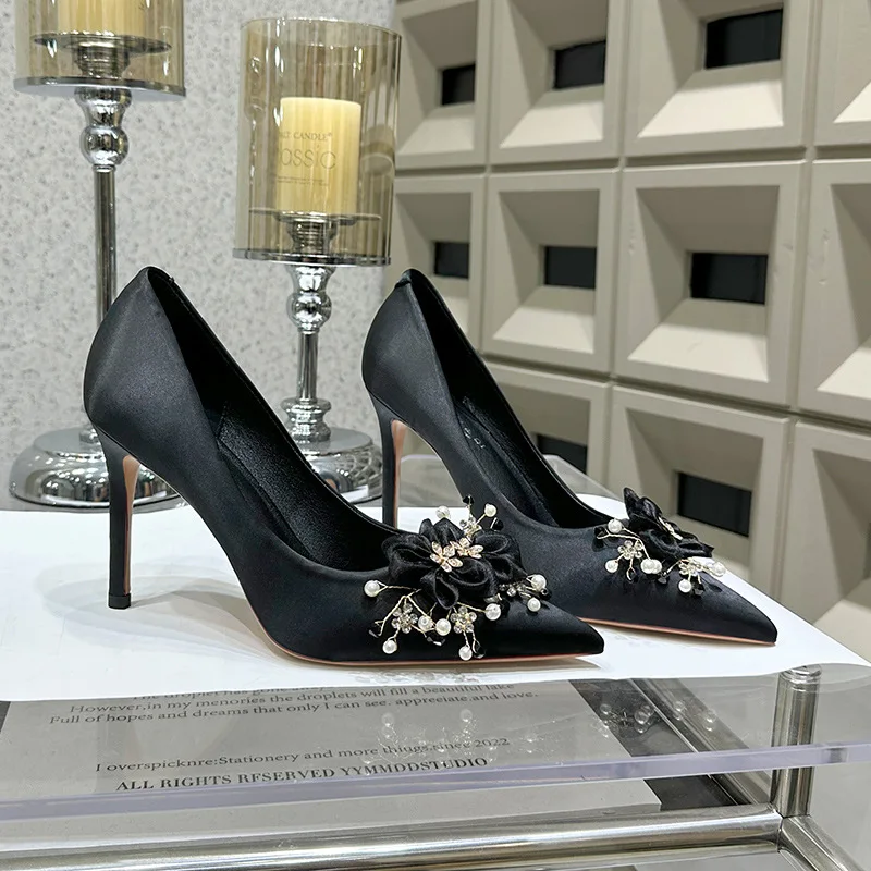 

2025 New French Black Satin Stiletto Heels Rhinestone Slim Heel Elegant Evening Party Dress Shoes