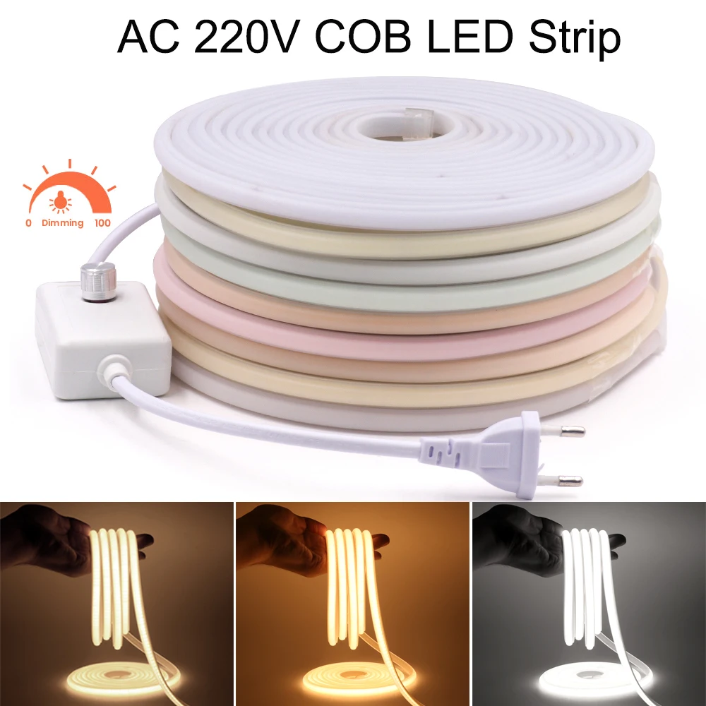 220V LED Neon Light Flexible COB LED Strip Light 288LEDs/m Dimmable Waterproof COB Light FOB LED Tape with Switch EU Plug Decor