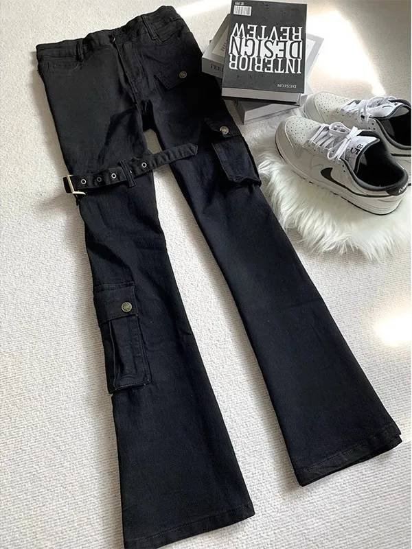 

Мужские джинсы Bla с поясом, расклешенные, прямого кроя, в американском уличном стиле, с множеством карманов, рабочие брюки, зауженные прямые брюки