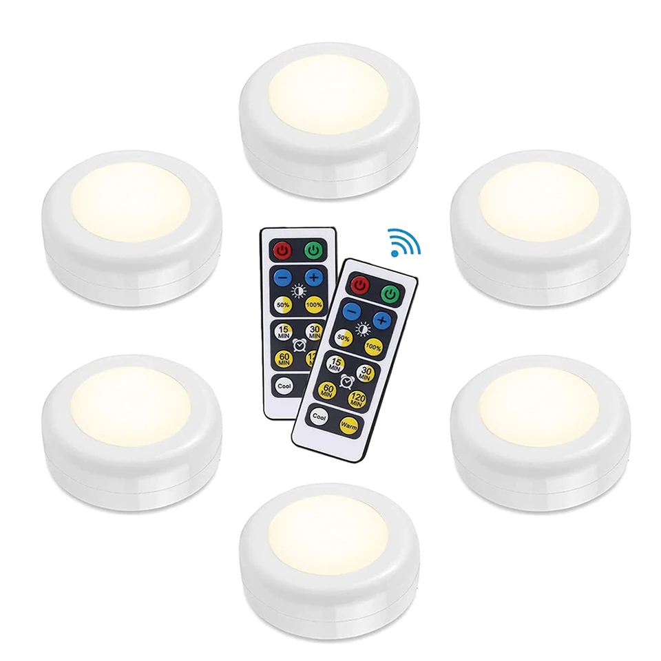 LED Puck Lamp Double Color Cabinet Light Remote Control Battery Powered Dimmable Kitchen Under Cabinet Closet Light Nightlight