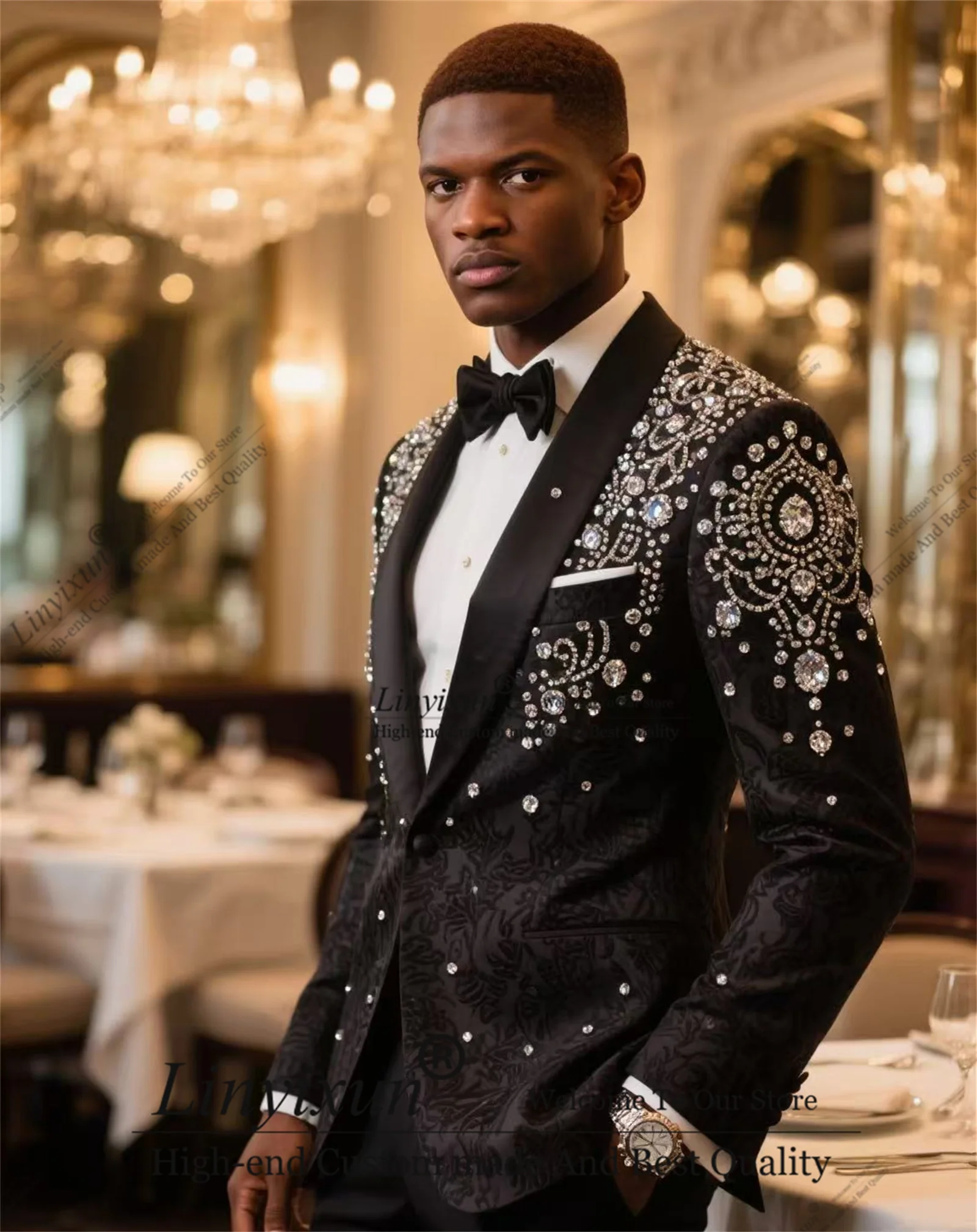

High End Design Diamond Men Suits Fashion Slim Groom Tuxedos 2 Pieces Sets Wedding Party Prom Blazer Customized Ropa Hombre