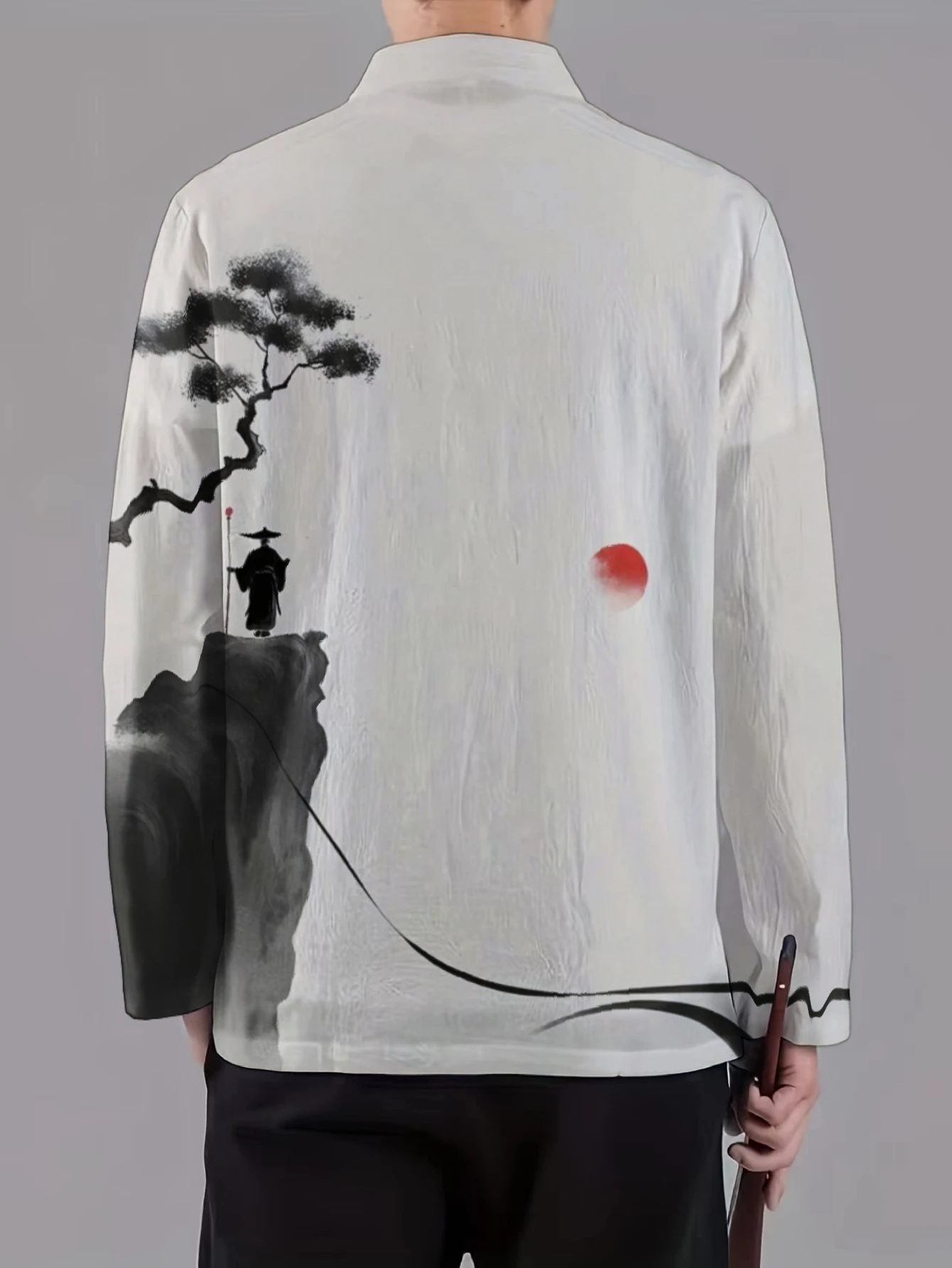 Men Mandarin Collar Frog Button Jacket Ink Wash Landscape Oriental Print Traditional Outerwear