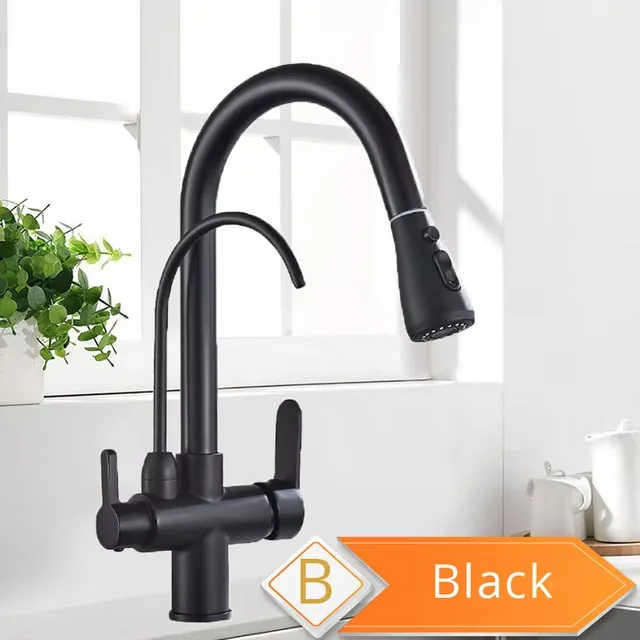 Wasserfilter-Küchenarmatur Schwarz 360° Drehbar mit Ausziehbarer Brause 3-Wege-Mischbatterie für Heiß- und Kaltwasser