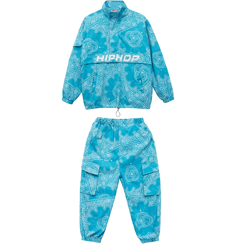 Junge Hip Hop Sweatshirt Jogger Kleidung Set Mädchen Hohe Kragen Paisley Top Cargo Hosen Kind Street Dance Kinder Streetwear Kostüm