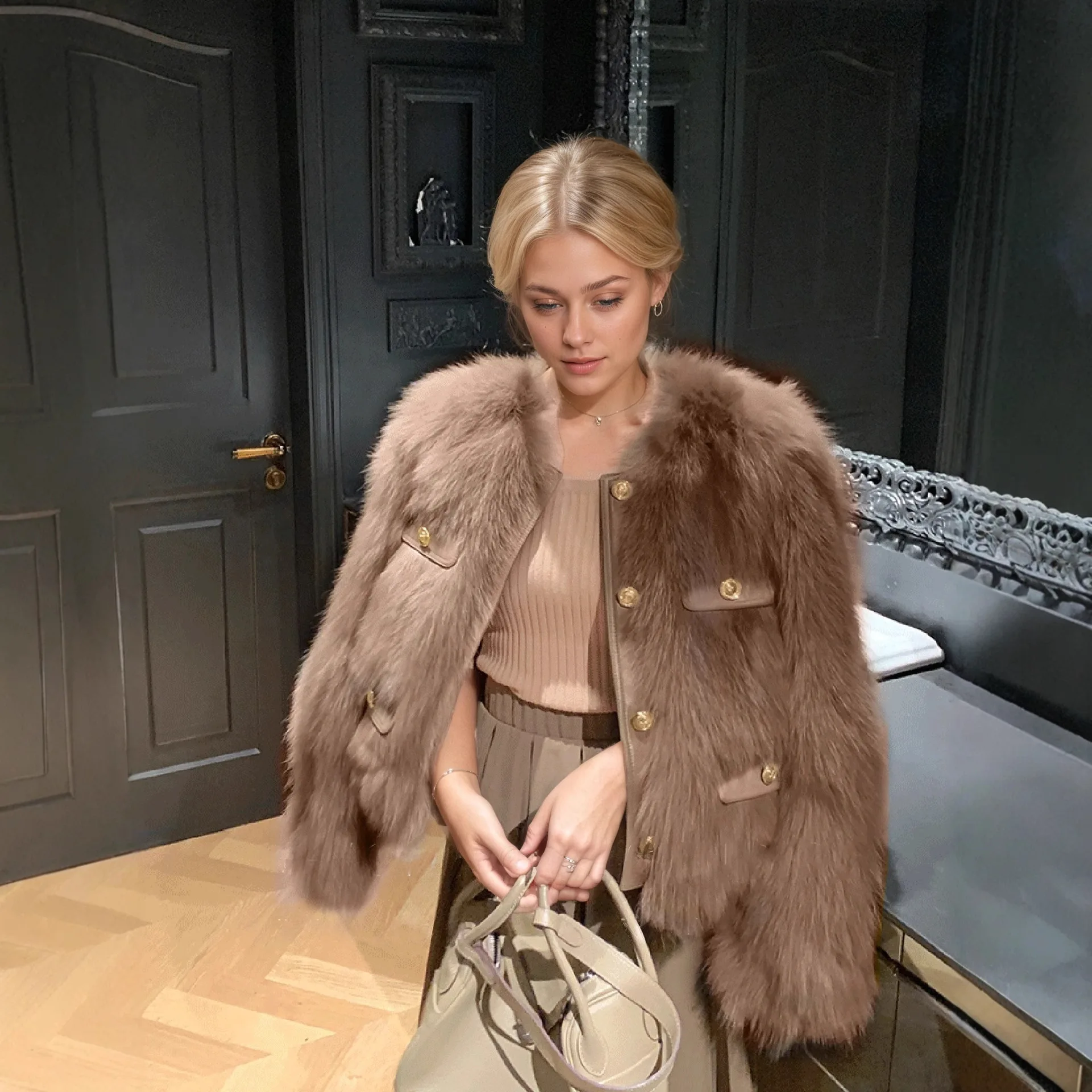 Grensoverschrijdende bontjas Dames ort Leer Bont Geïntegreerd Kleine Fraance Sle Super mooie high-end sensatie