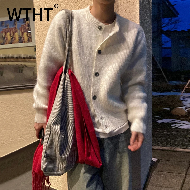 

WTHT модный мужской вязаный полосатый однотонный свитер с заусенцами, модные зимние однобортные пальто с круглым вырезом 2025 года, мужские 2A2494