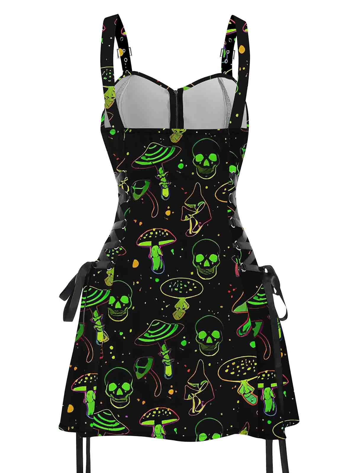 Dressfo 2025 Women\'s Mini Dresses Galaxy Skull Mushroom Print Lace Up Dress Half Zipper Adjustable Buckle Strap Sleeveless Dress