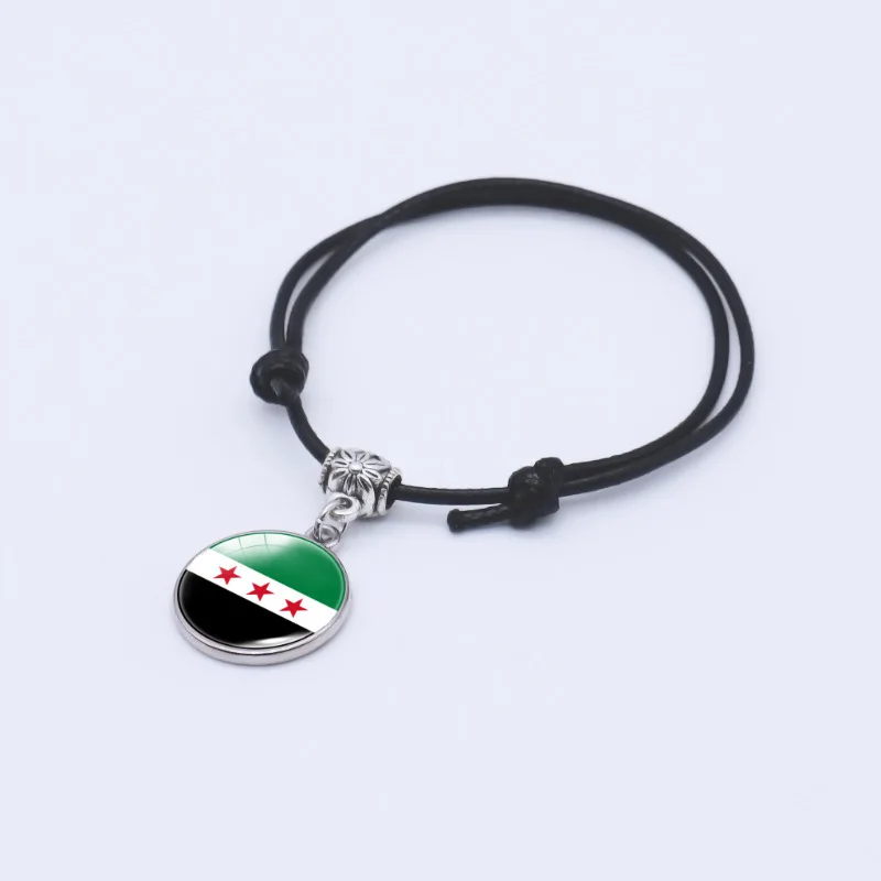 Syria Three Stars Flag Pu Leather Gemstone Bracelet Length Adjustable Men Women Kids Black Hand Rope National Flag Wristband