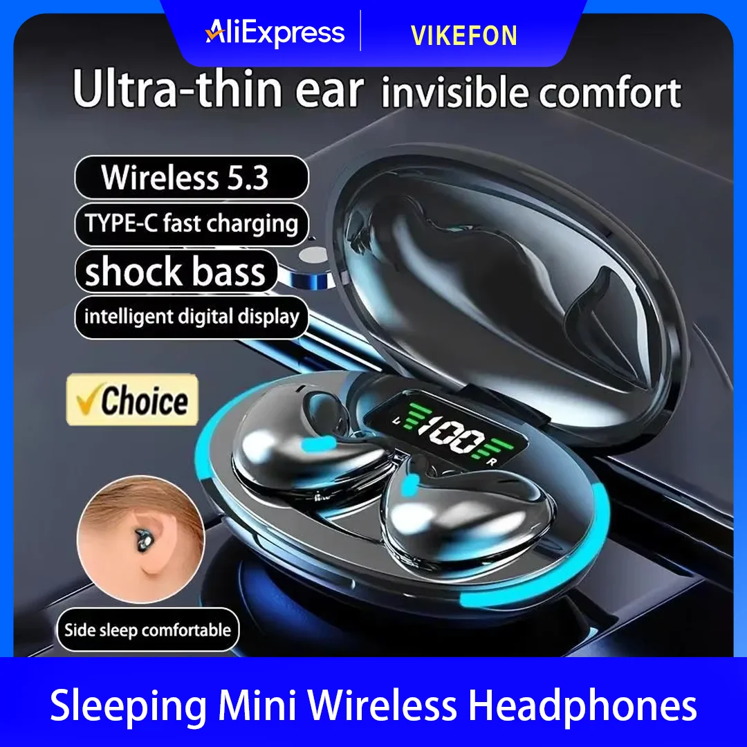 Sleep Wireless Earphone TWS Bluetooth 5.3 Headphones Hidden Earbuds IPX5 Waterproof Noise Reduction Sports Headset
