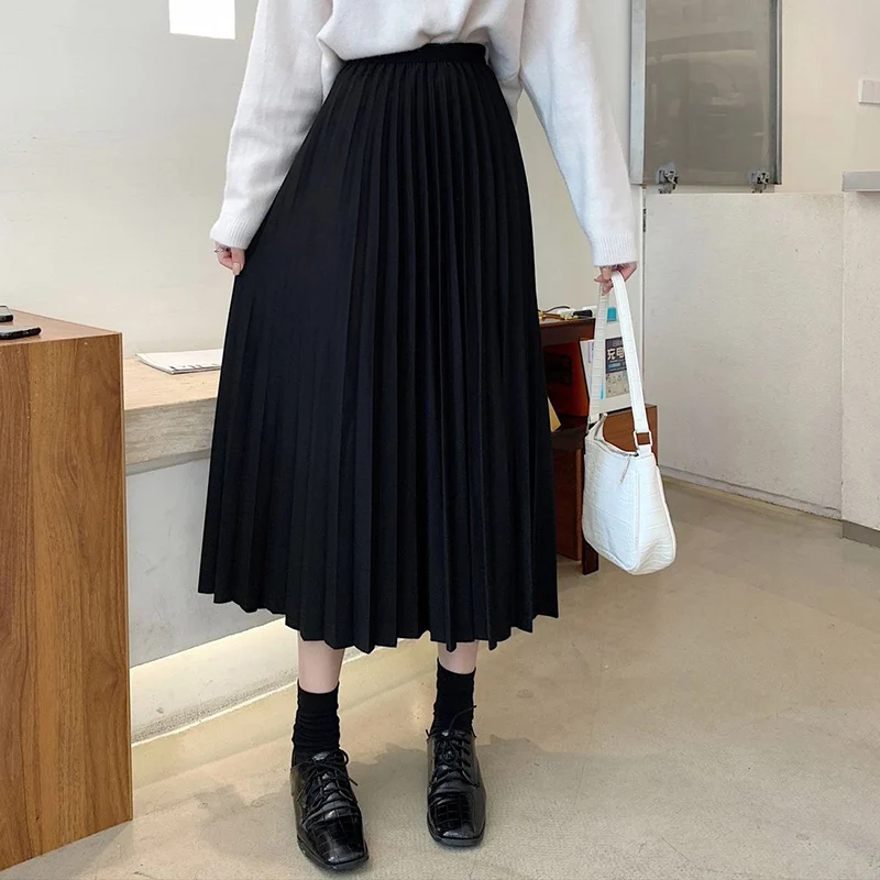 

New Summer Lady Korean Solid High Waisted Skirts Women Concise Designer Mid-Long Dress Girls Classic Baggy A-line Pleated Skirts