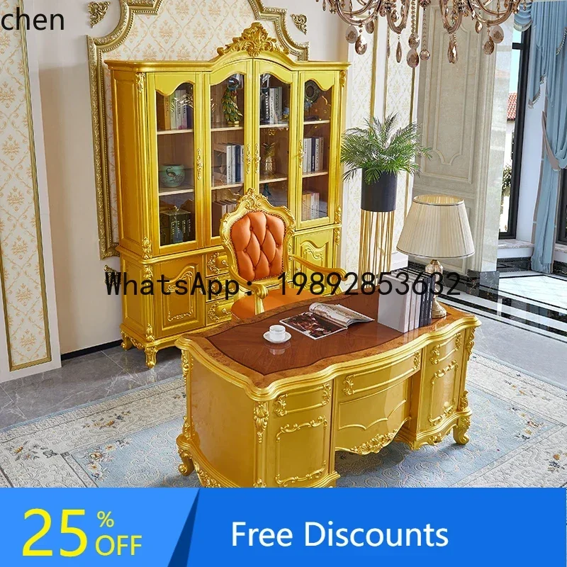 

B1 desk luxury villa solid wood table desk high-end palace gold study furniture set floor decoration supplies