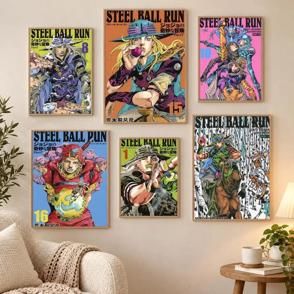 Anime Steel Ball Run JoJo's Bizarre Adventure Poster Waterproof HD Modern Peel And Stick Wall Decor Living Room Dorm Garage