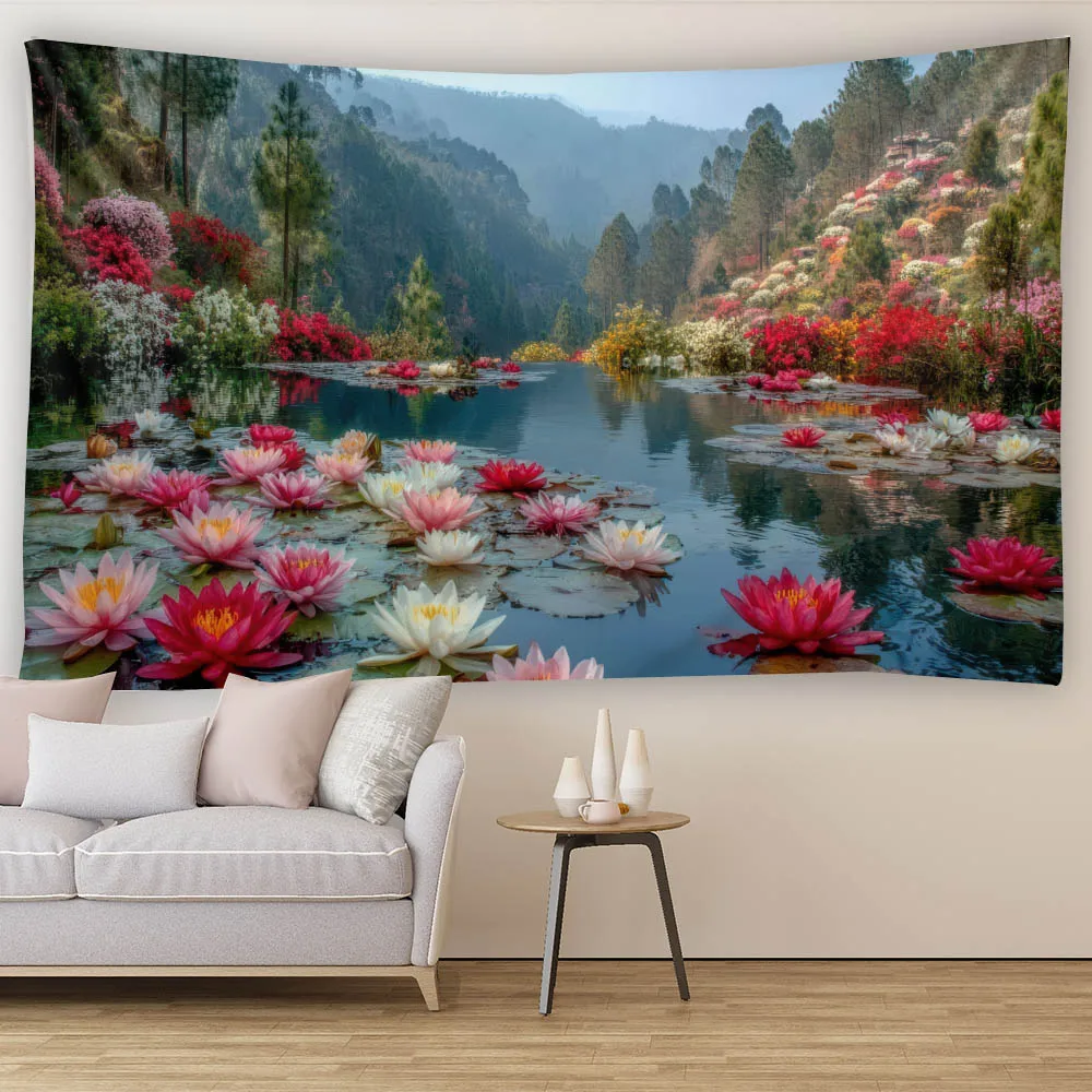 Lotus Lake View Mural Cloth Waterfall Forest Flowers Hanging Wall Decoration Multi-Size for Living Room Bedroom Dormitory Home D